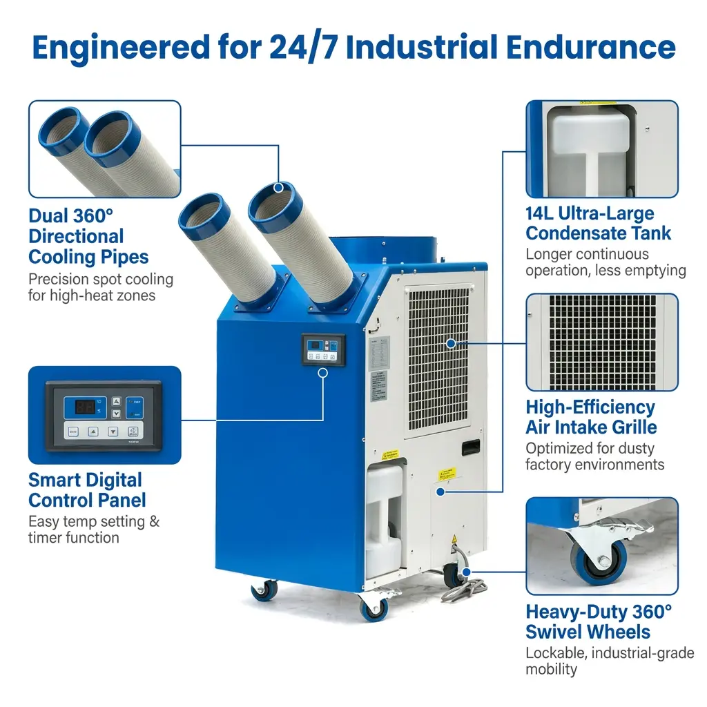 OEM 14L Mór-umar 2700W Cumhacht 9300BTU Comhbhrúiteoir Rothlach Spota Inaistrithe oiriúntóir Aeir Tionscail le haghaidh Ceardlann